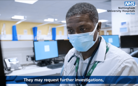 NHS doctor at work in Queens Medical Centre for Page One video Production